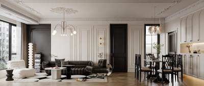 现代中古风客餐厅 沙发背景墙 餐厅 餐桌 无主灯 沙发组 厨房